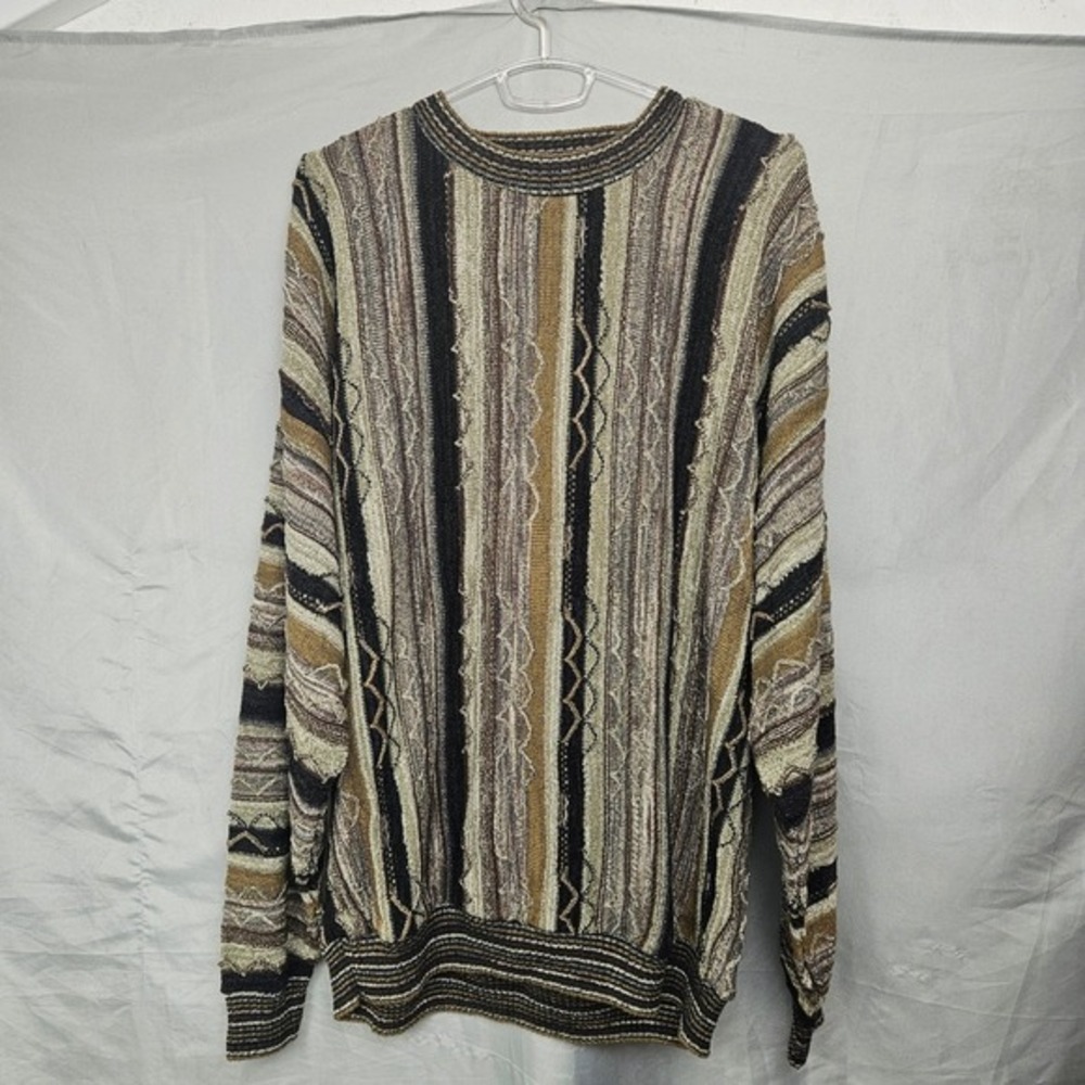 Vtg 3D knit Striped Sweater‎ Earth Tones Abstract Pattern Pullover 90s USA
